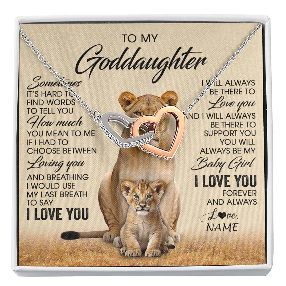 Interlocking Hearts Necklace Stainless Steel & Rose Gold Finish | 1 | Personalized To My Goddaughter Necklace From Godmother Sometimes It's Hard Lion Goddaughter Gift Birthday Jewelry Christmas Customized Gift Box Message Card | siriusteestore