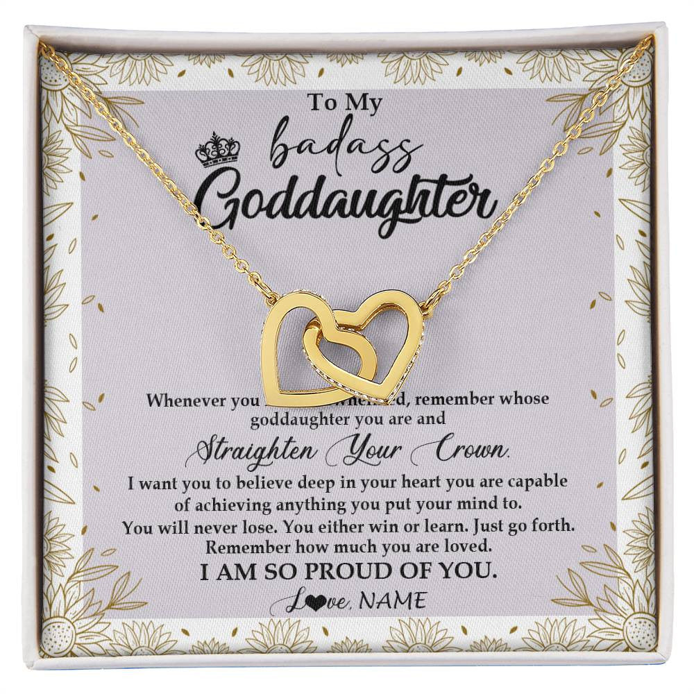 Interlocking Hearts Necklace 18K Yellow Gold Finish | Personalized To My Goddaughter Necklace From Godmother Straighten Your Crown Goddaughter Birthday Graduation Christmas Jewelry Customized Gift Box Message Card | siriusteestore