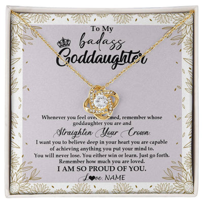 Love Knot Necklace 18K Yellow Gold Finish | Personalized To My Goddaughter Necklace From Godmother Straighten Your Crown Goddaughter Birthday Graduation Christmas Jewelry Customized Gift Box Message Card | siriusteestore