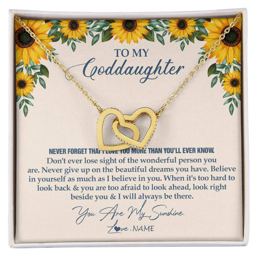 Interlocking Hearts Necklace 18K Yellow Gold Finish | Personalized To My Goddaughter Necklace From Godmother Sunflower You Are My Sunshine Goddaughter Jewelry Graduation Birthday Customized Gift Box Message Card | siriusteestore
