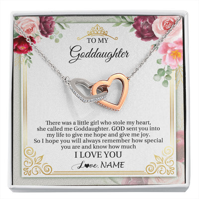 Interlocking Hearts Necklace Stainless Steel & Rose Gold Finish | 1 | Personalized To My Goddaughter Necklace From Godmother There Was A Little Girl Goddaughter Birthday Gifts Jewelry Christmas Customized Gift Box Message Card | siriusteestore