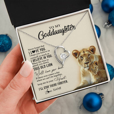 Forever Love Necklace 14K White Gold Finish | 2 | Personalized To My Goddaughter Necklace From Godmother This Old Lion Never Forget I Love You Jewelry Birthday Christmas Customized Gift Box Message Card | siriusteestore