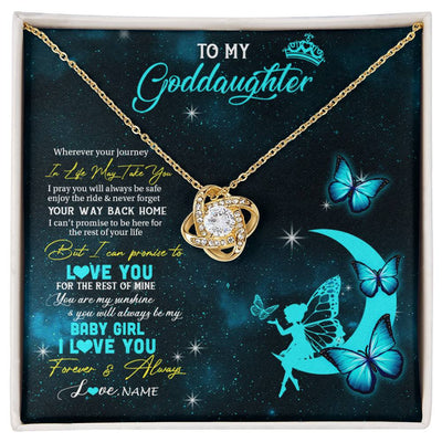 Love Knot Necklace 18K Yellow Gold Finish | 1 | Personalized To My Goddaughter Necklace From Godmother Uncle Fairy Silhouette Fantasy Moon Goddaughter Birthday Christmas Customized Gift Box Message Card | siriusteestore