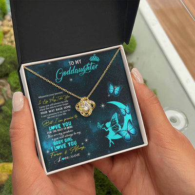 Love Knot Necklace 18K Yellow Gold Finish | 2 | Personalized To My Goddaughter Necklace From Godmother Uncle Fairy Silhouette Fantasy Moon Goddaughter Birthday Christmas Customized Gift Box Message Card | siriusteestore