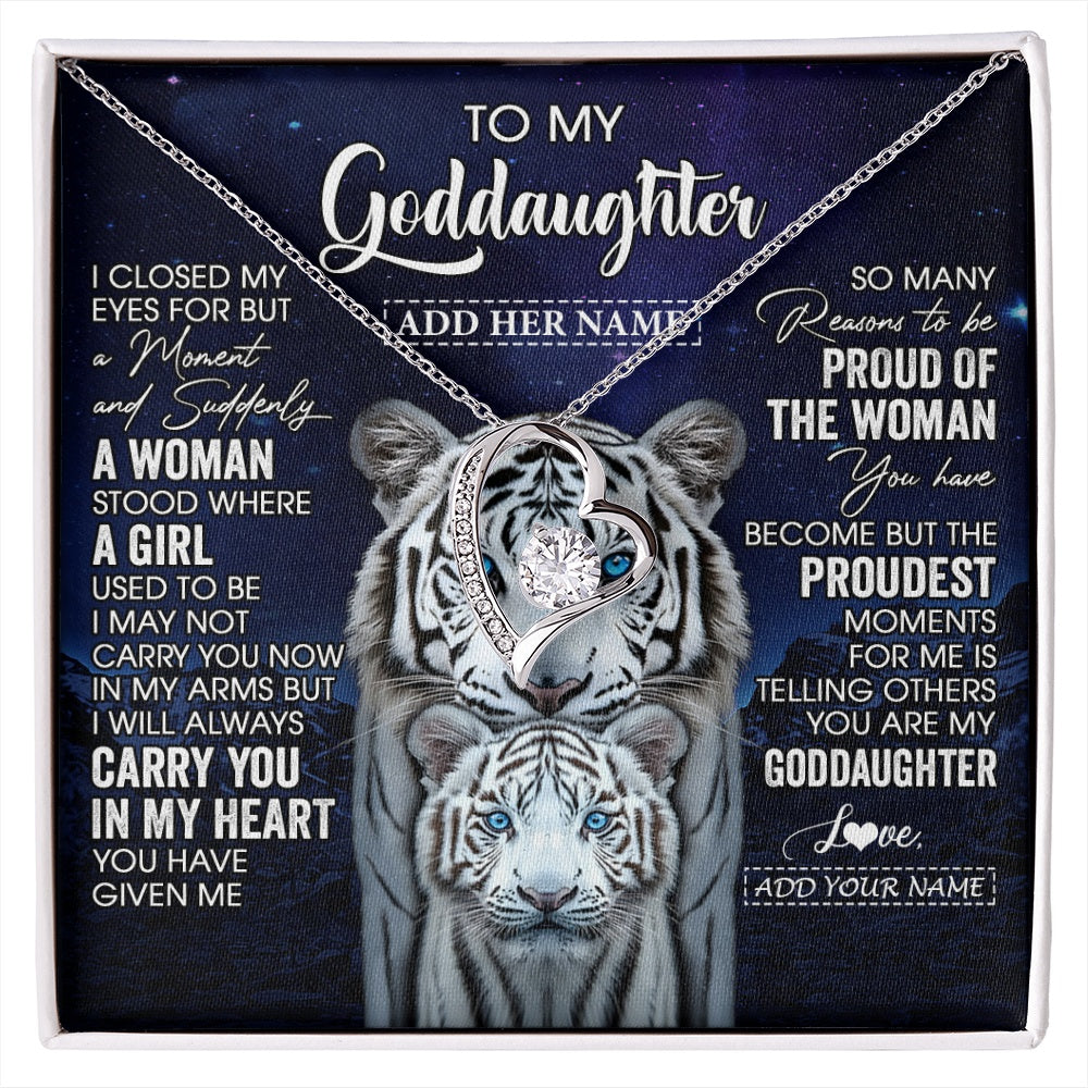 Forever Love Necklace 14K White Gold Finish | 1 | Personalized To My Goddaughter Necklace From Godmother Uncle I Close My Eyes White Tiger Goddaughter Birthday Gift Christmas Gift Box Message Card | https://siriusteestore.