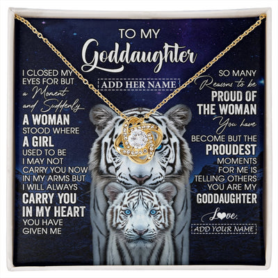 Love Knot Necklace 18K Yellow Gold Finish | 1 | Personalized To My Goddaughter Necklace From Godmother Uncle I Close My Eyes White Tiger Goddaughter Birthday Gift Christmas Gift Box Message Card | https://siriusteestore.