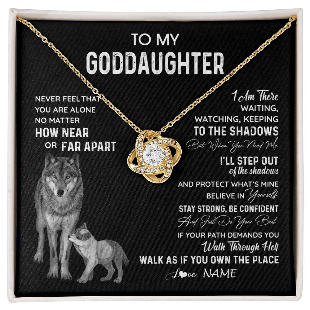 Love Knot Necklace 18K Yellow Gold Finish | 1 | Personalized To My Goddaughter Necklace From Godmother Uncle Never Feel You Are Alone Wolf Goddaughter Birthday Christmas Customized Gift Box Message Card | siriusteestore