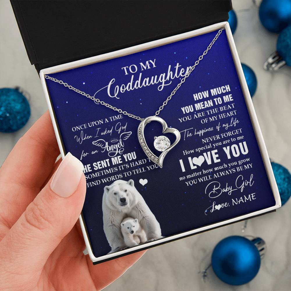 Forever Love Necklace 14K White Gold Finish | 2 | Personalized To My Goddaughter Necklace From Godmother Uncle Polar Bear Never Forget I Love You Goddaughter Birthday Christmas Customized Gift Box Message Card | siriusteestore