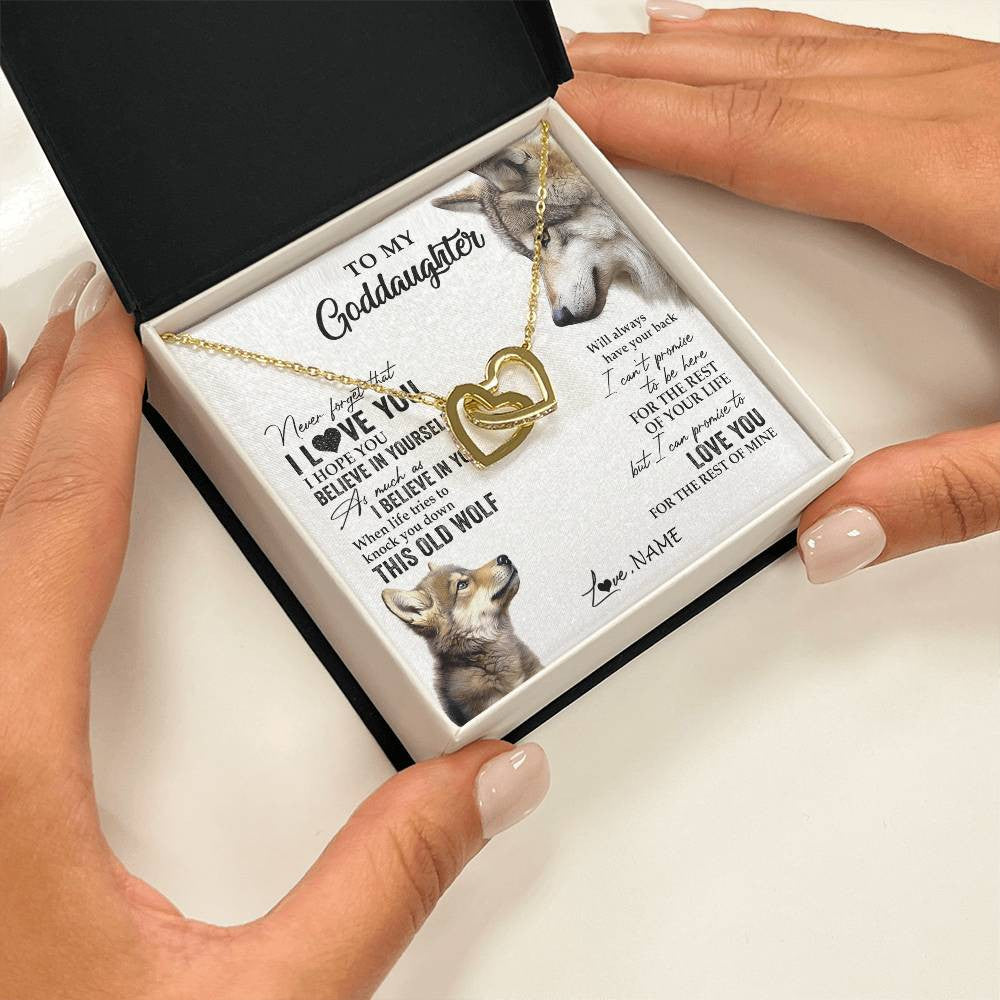 Interlocking Hearts Necklace 18K Yellow Gold Finish | 2 | Personalized To My Goddaughter Necklace From Godmother Uncle This Old Wolf Love You Godchild Birthday Graduation Christmas Customized Gift Box Message Card | siriusteestore