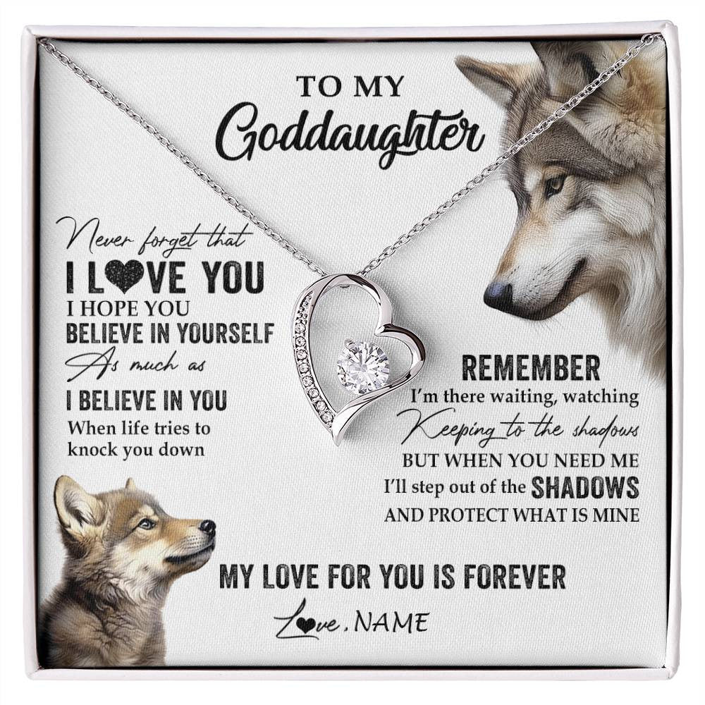 Forever Love Necklace 14K White Gold Finish | 1 | Personalized To My Goddaughter Necklace From Godmother Uncle Wolf My Love For You Is Forever Goddaughter Birthday Christmas Customized Gift Box Message Card | siriusteestore