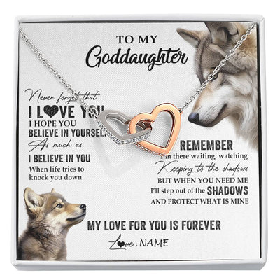 Interlocking Hearts Necklace Stainless Steel & Rose Gold Finish | 1 | Personalized To My Goddaughter Necklace From Godmother Uncle Wolf My Love For You Is Forever Goddaughter Birthday Christmas Customized Gift Box Message Card | siriusteestore