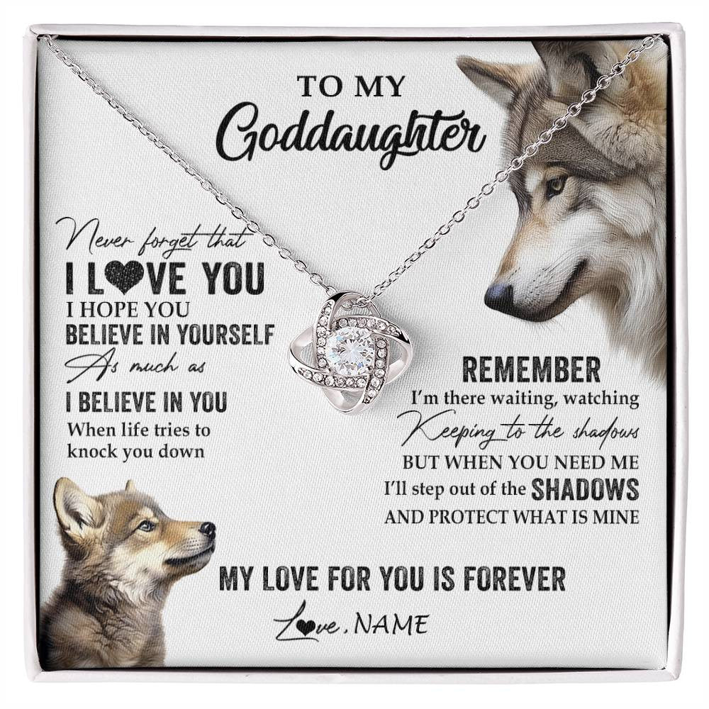 Love Knot Necklace 14K White Gold Finish | 1 | Personalized To My Goddaughter Necklace From Godmother Uncle Wolf My Love For You Is Forever Goddaughter Birthday Christmas Customized Gift Box Message Card | siriusteestore