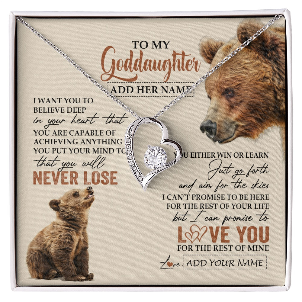 Forever Love Necklace 14K White Gold Finish | 1 | Personalized To My Goddaughter Necklace From Godmother Uncle You Will Never Lose Bear Goddaughter Birthday Gifts Graduation Christmas Gift Box Message Card | siriusteestore.myshopify