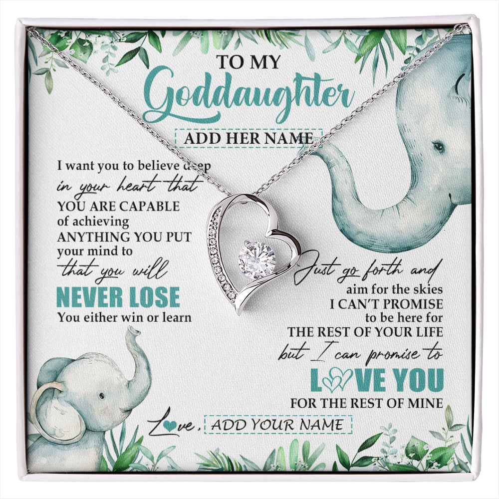 Forever Love Necklace 14K White Gold Finish | 1 | Personalized To My Goddaughter Necklace From Godmother Uncle You Will Never Lose Elephant Goddaughter Birthday Gifts Christmas Custom Gift Box Message Card | siriusteestore