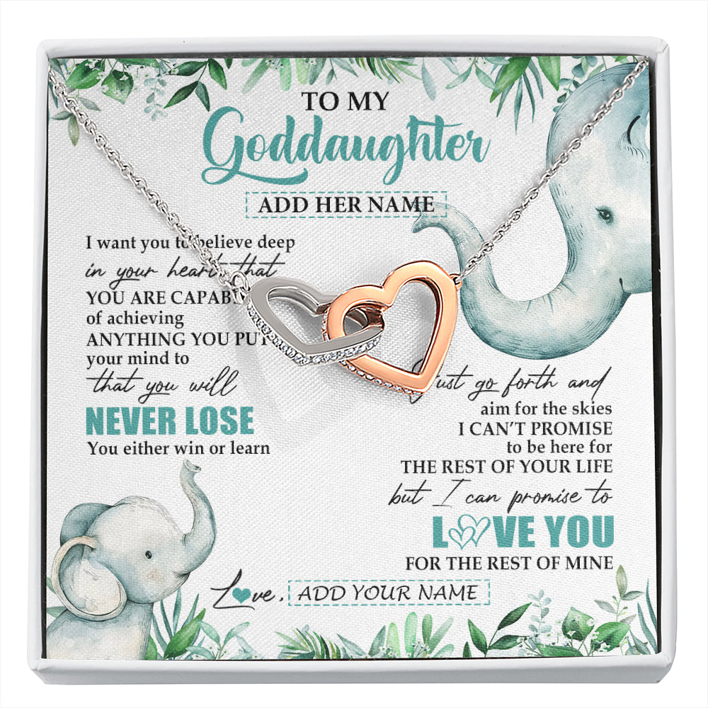 Interlocking Hearts Necklace Stainless Steel & Rose Gold Finish | 1 | Personalized To My Goddaughter Necklace From Godmother Uncle You Will Never Lose Elephant Goddaughter Birthday Gifts Christmas Custom Gift Box Message Card | siriusteestore