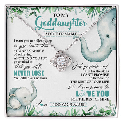 Love Knot Necklace 14K White Gold Finish | 1 | Personalized To My Goddaughter Necklace From Godmother Uncle You Will Never Lose Elephant Goddaughter Birthday Gifts Christmas Custom Gift Box Message Card | siriusteestore