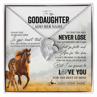 Forever Love Necklace 14K White Gold Finish | 1 | Personalized To My Goddaughter Necklace From Godmother Uncle You Will Never Lose Horse Goddaughter Birthday Gifts Christmas Customized Gift Box Message Card | siriusteestore