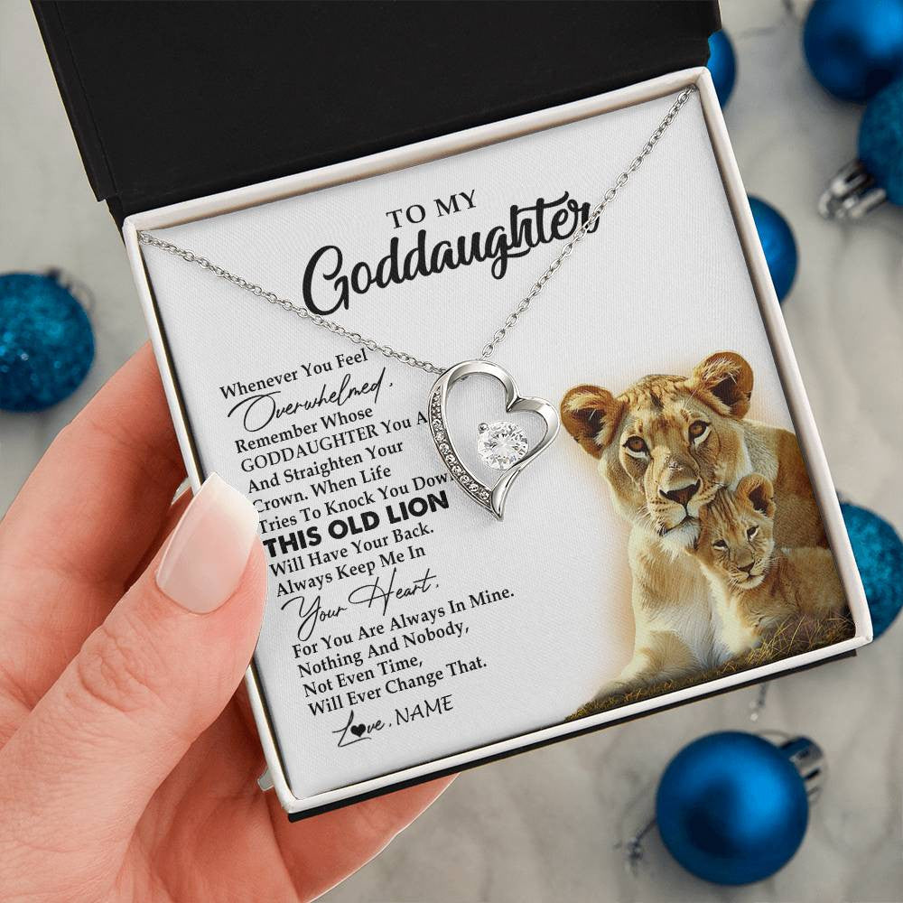 Forever Love Necklace 14K White Gold Finish | 2 | Personalized To My Goddaughter Necklace From Godmother Whenever You Fell Overwhelmed Lion Goddaughter Birthday Christmas Customized Gift Box Message Card | siriusteestore
