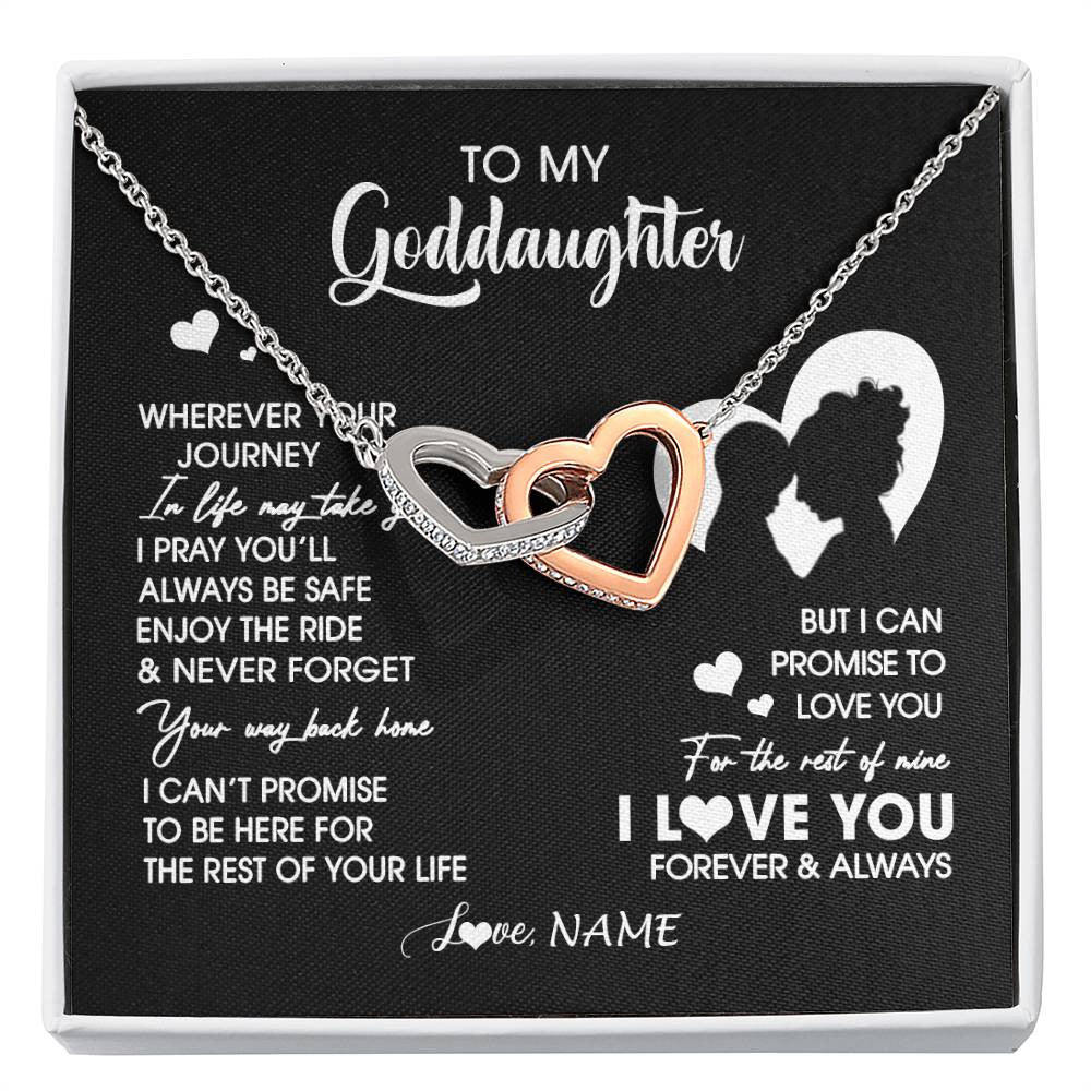 Interlocking Hearts Necklace Stainless Steel & Rose Gold Finish | 1 | Personalized To My Goddaughter Necklace From Godmother Wherever Your Journey Goddaughter Birthday Gifts Graduation Christmas Customized Gift Box Message Card | siriusteestore