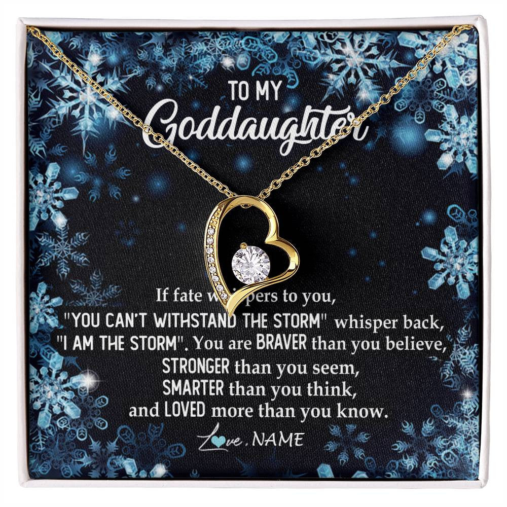 Forever Love Necklace 18K Yellow Gold Finish | Personalized To My Goddaughter Necklace From Godmother Whisper Back I Am The Storm Goddaughter Jewelry Birthday Graduation Christmas Customized Message Card | siriusteestore