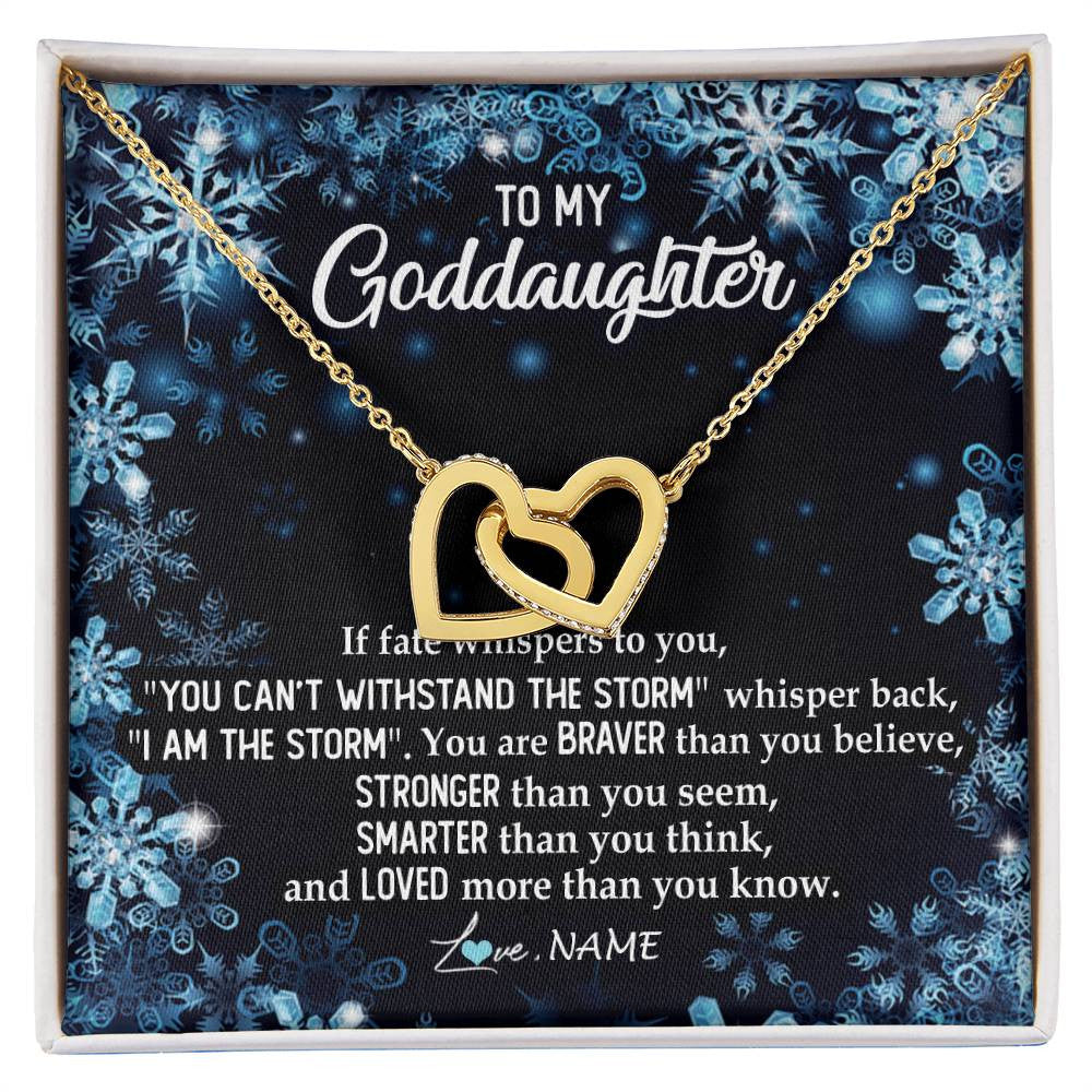 Interlocking Hearts Necklace 18K Yellow Gold Finish | Personalized To My Goddaughter Necklace From Godmother Whisper Back I Am The Storm Goddaughter Jewelry Birthday Graduation Christmas Customized Message Card | siriusteestore