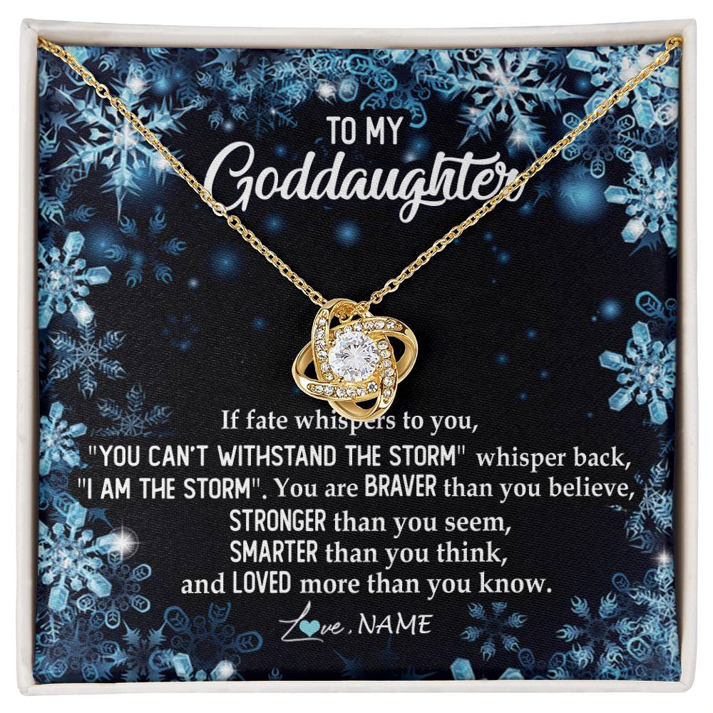 Love Knot Necklace 18K Yellow Gold Finish | Personalized To My Goddaughter Necklace From Godmother Whisper Back I Am The Storm Goddaughter Jewelry Birthday Graduation Christmas Customized Message Card | siriusteestore