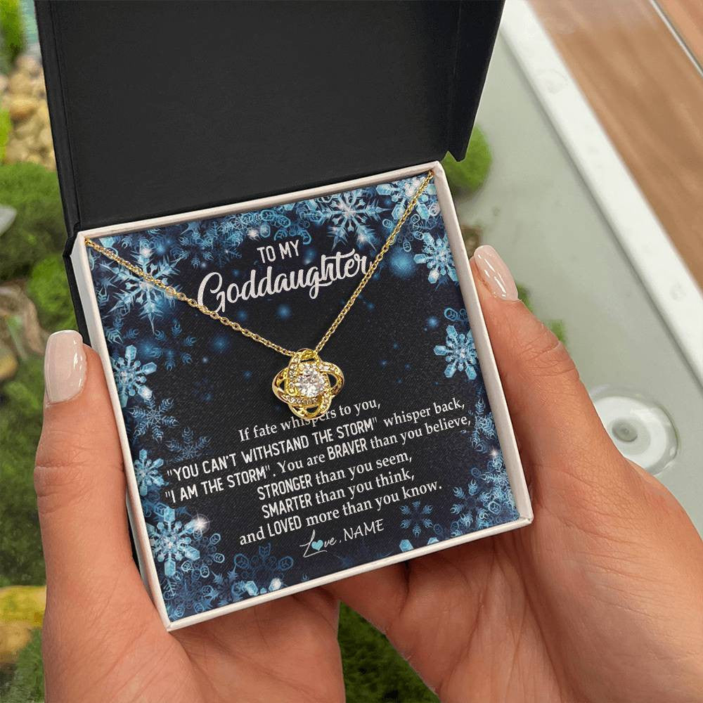 Love Knot Necklace 18K Yellow Gold Finish | Personalized To My Goddaughter Necklace From Godmother Whisper Back I Am The Storm Goddaughter Jewelry Birthday Graduation Christmas Customized Message Card | siriusteestore