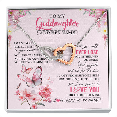 Interlocking Hearts Necklace Stainless Steel & Rose Gold Finish | 1 | Personalized To My Goddaughter Necklace From Godmother You Will Never Lose Butterfly Goddaughter Birthday Gifts Graduation Christmas Gift Box Message Card | siriusteestore
