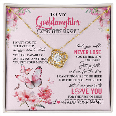 Love Knot Necklace 18K Yellow Gold Finish | 1 | Personalized To My Goddaughter Necklace From Godmother You Will Never Lose Butterfly Goddaughter Birthday Gifts Graduation Christmas Gift Box Message Card | siriusteestore