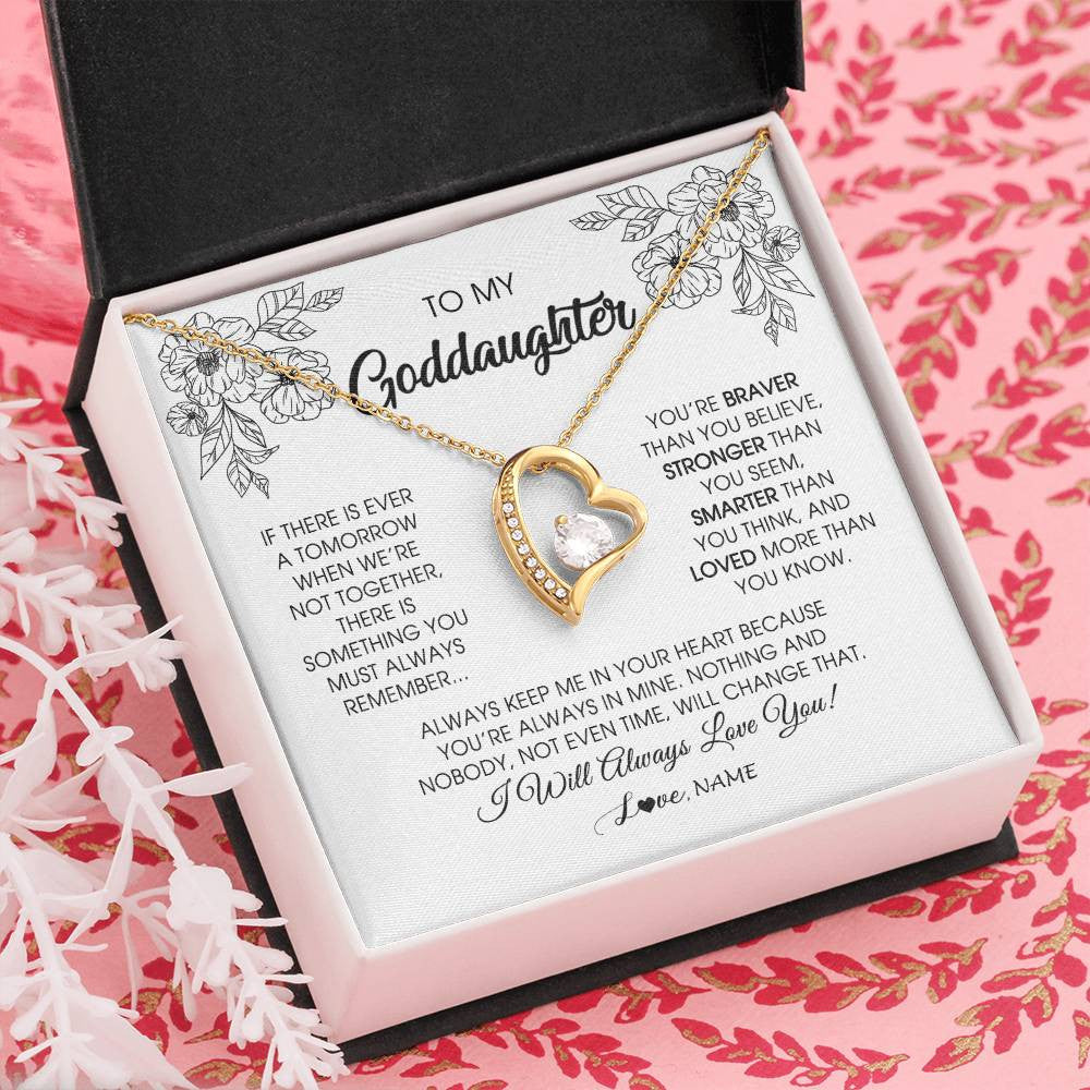 Forever Love Necklace 18K Yellow Gold Finish | Personalized To My Goddaughter Necklace From Godmother You're Braver Stronger Smarter Goddaughter Birthday Christmas Customized Jewelry Gift Box Message Card | siriusteestore