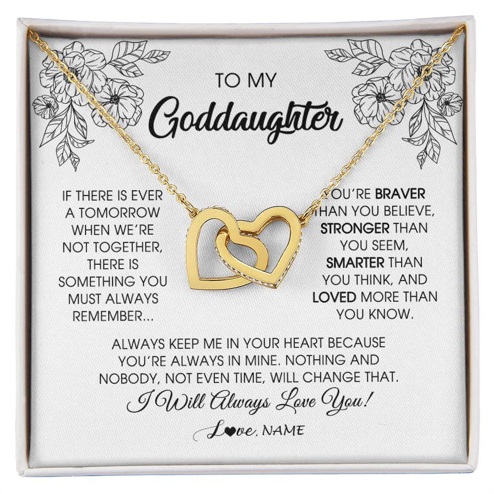 Interlocking Hearts Necklace 18K Yellow Gold Finish | Personalized To My Goddaughter Necklace From Godmother You're Braver Stronger Smarter Goddaughter Birthday Christmas Customized Jewelry Gift Box Message Card | siriusteestore
