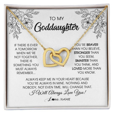 Interlocking Hearts Necklace 18K Yellow Gold Finish | Personalized To My Goddaughter Necklace From Godmother You're Braver Stronger Smarter Goddaughter Birthday Christmas Customized Jewelry Gift Box Message Card | siriusteestore