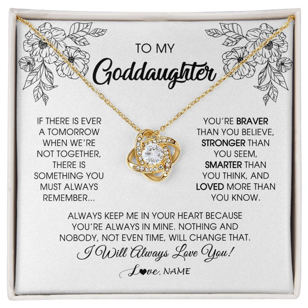 Love Knot Necklace 18K Yellow Gold Finish | Personalized To My Goddaughter Necklace From Godmother You're Braver Stronger Smarter Goddaughter Birthday Christmas Customized Jewelry Gift Box Message Card | siriusteestore