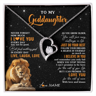 Forever Love Necklace 14K White Gold Finish | 1 | Personalized To My Goddaughter Necklace From Uncle Live Laugh Love Lion Goddaughter Birthday Positive Graduation Christmas Customized Gift Box Message Card | siriusteestore