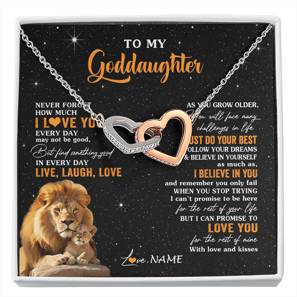 Interlocking Hearts Necklace Stainless Steel & Rose Gold Finish | 1 | Personalized To My Goddaughter Necklace From Uncle Live Laugh Love Lion Goddaughter Birthday Positive Graduation Christmas Customized Gift Box Message Card | siriusteestore
