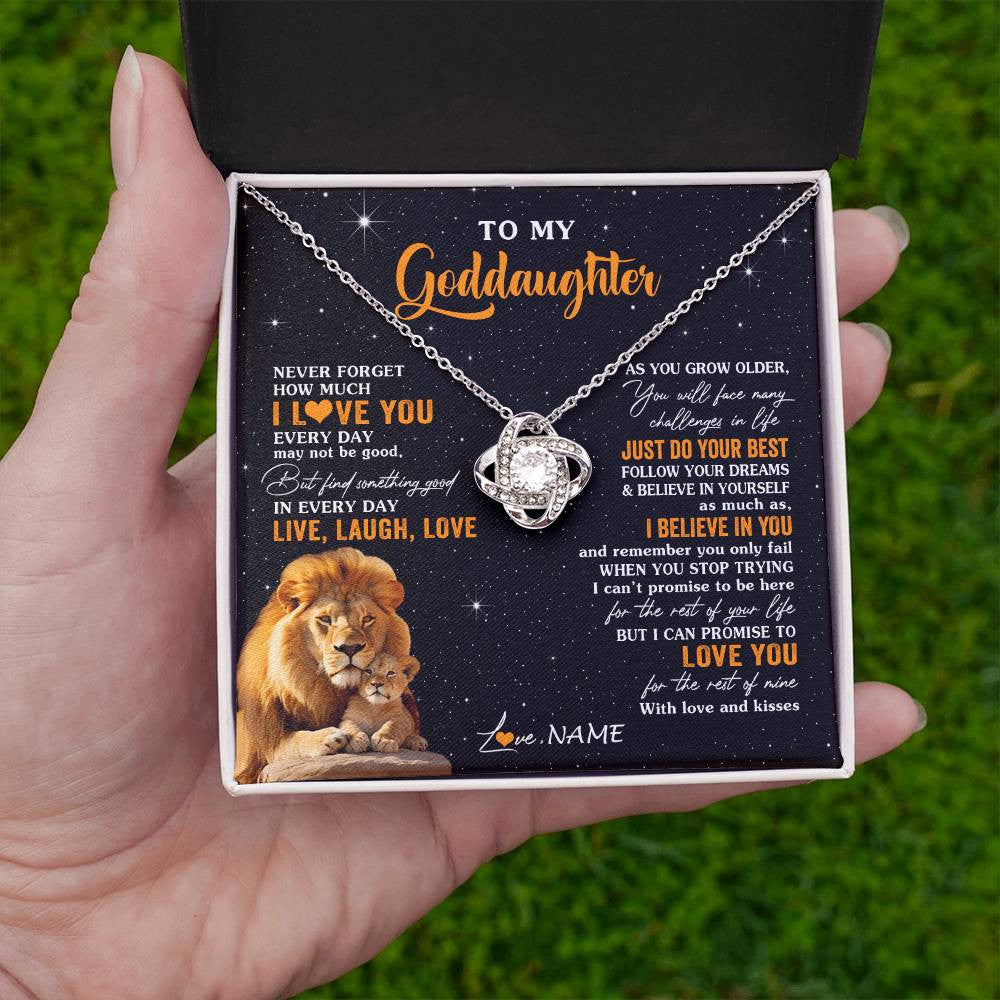 Love Knot Necklace 14K White Gold Finish | 2 | Personalized To My Goddaughter Necklace From Uncle Live Laugh Love Lion Goddaughter Birthday Positive Graduation Christmas Customized Gift Box Message Card | siriusteestore