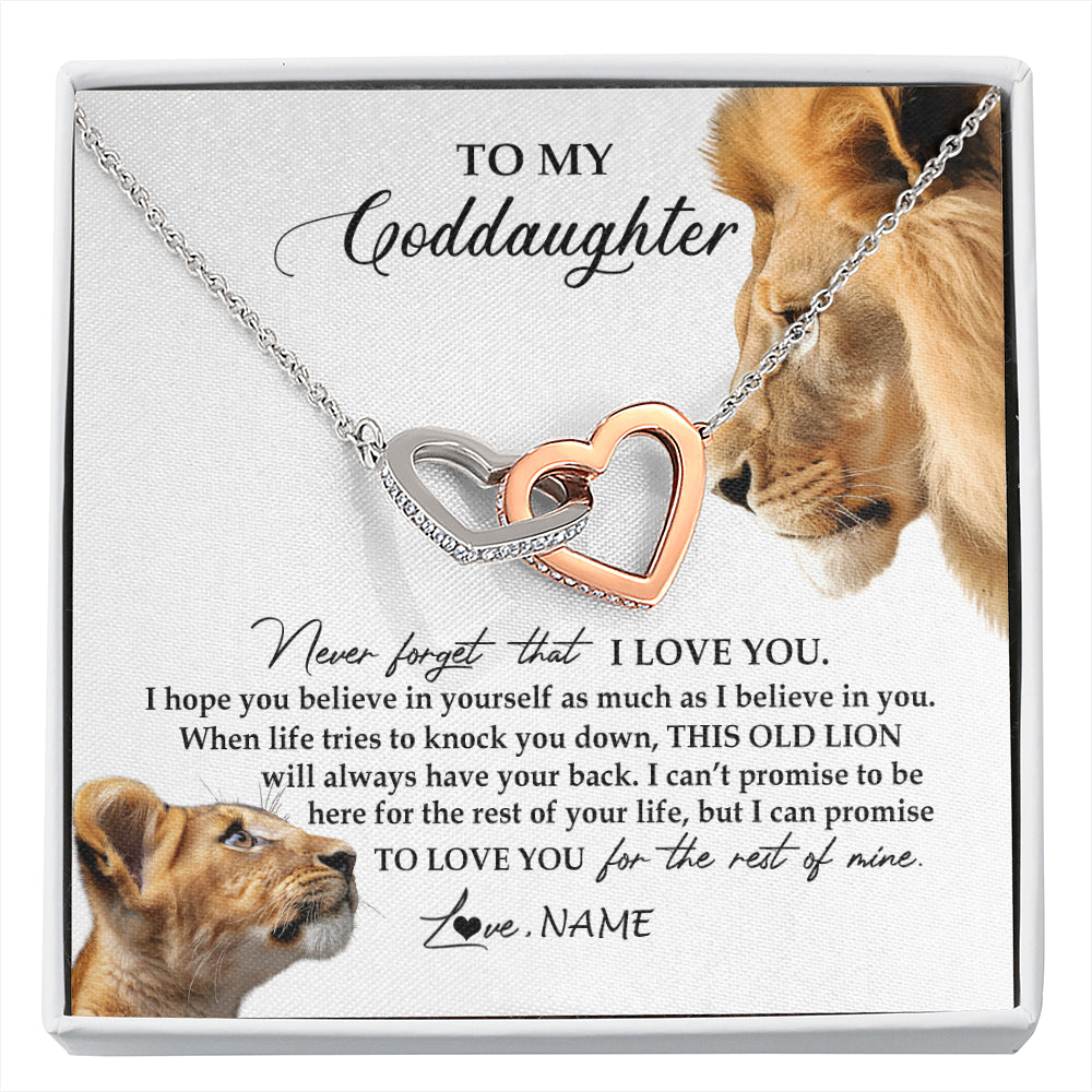 Interlocking Hearts Necklace Stainless Steel & Rose Gold Finish | 1 | Personalized To My Goddaughter Necklace from Godfather Forget I Love You Lion Jewelry Goddaughter Birthday Graduation Christmas Customized Message Card | siriusteestore