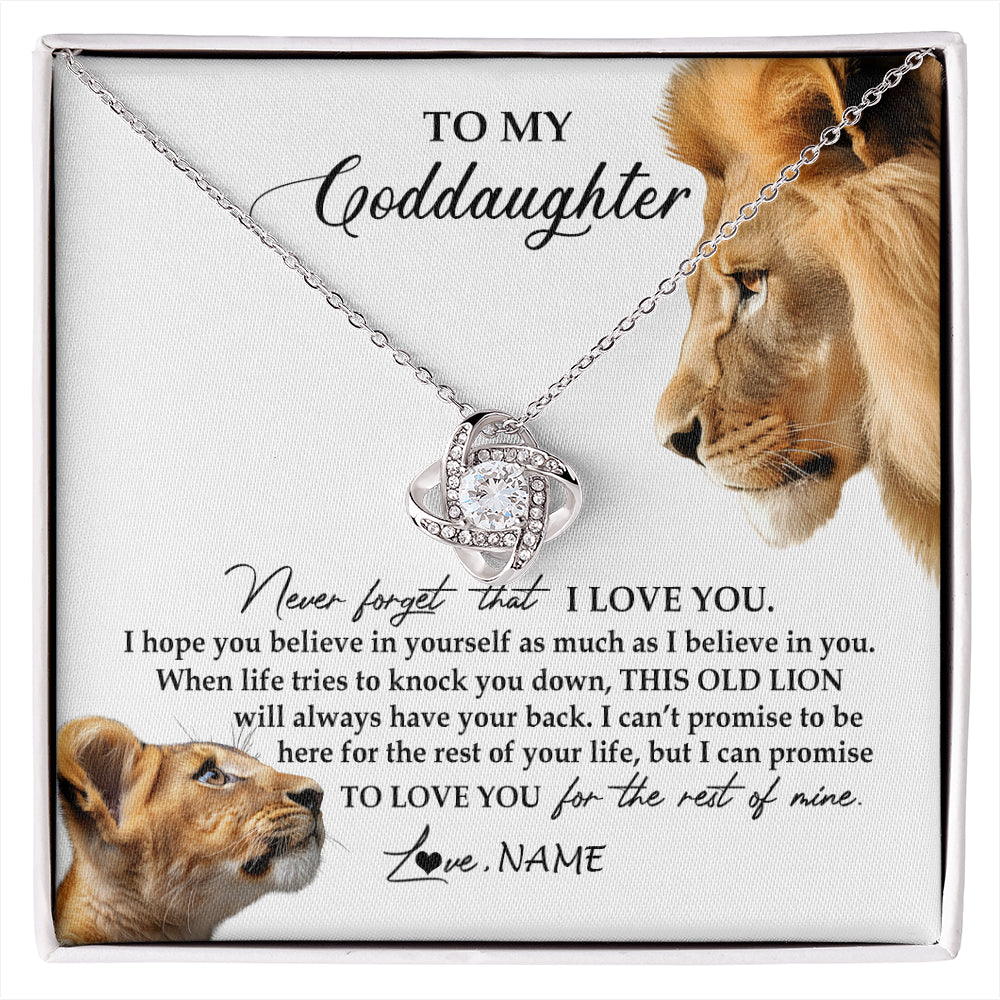 Love Knot Necklace 14K White Gold Finish | 1 | Personalized To My Goddaughter Necklace from Godfather Forget I Love You Lion Jewelry Goddaughter Birthday Graduation Christmas Customized Message Card | siriusteestore