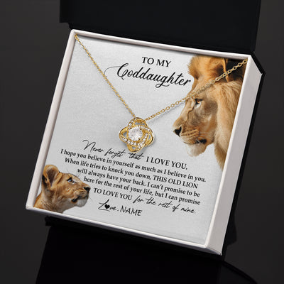 Love Knot Necklace 18K Yellow Gold Finish | 2 | Personalized To My Goddaughter Necklace from Godfather Forget I Love You Lion Jewelry Goddaughter Birthday Graduation Christmas Customized Message Card | siriusteestore