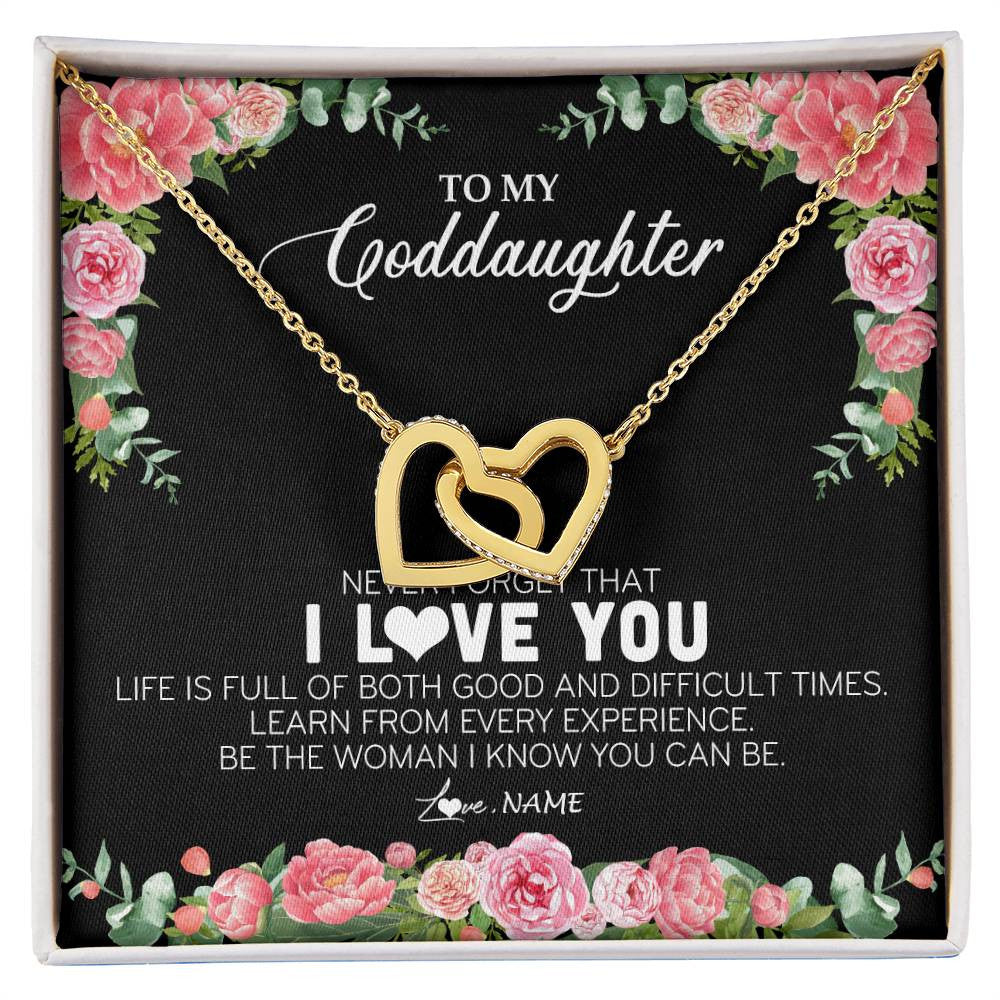 Interlocking Hearts Necklace 18K Yellow Gold Finish | Personalized To My Goddaughter Necklace from Godmother Never Forget I Love You Floral Jewelry for Goddaughter Birthday Graduation Christmas Customized Message Card | siriusteestore
