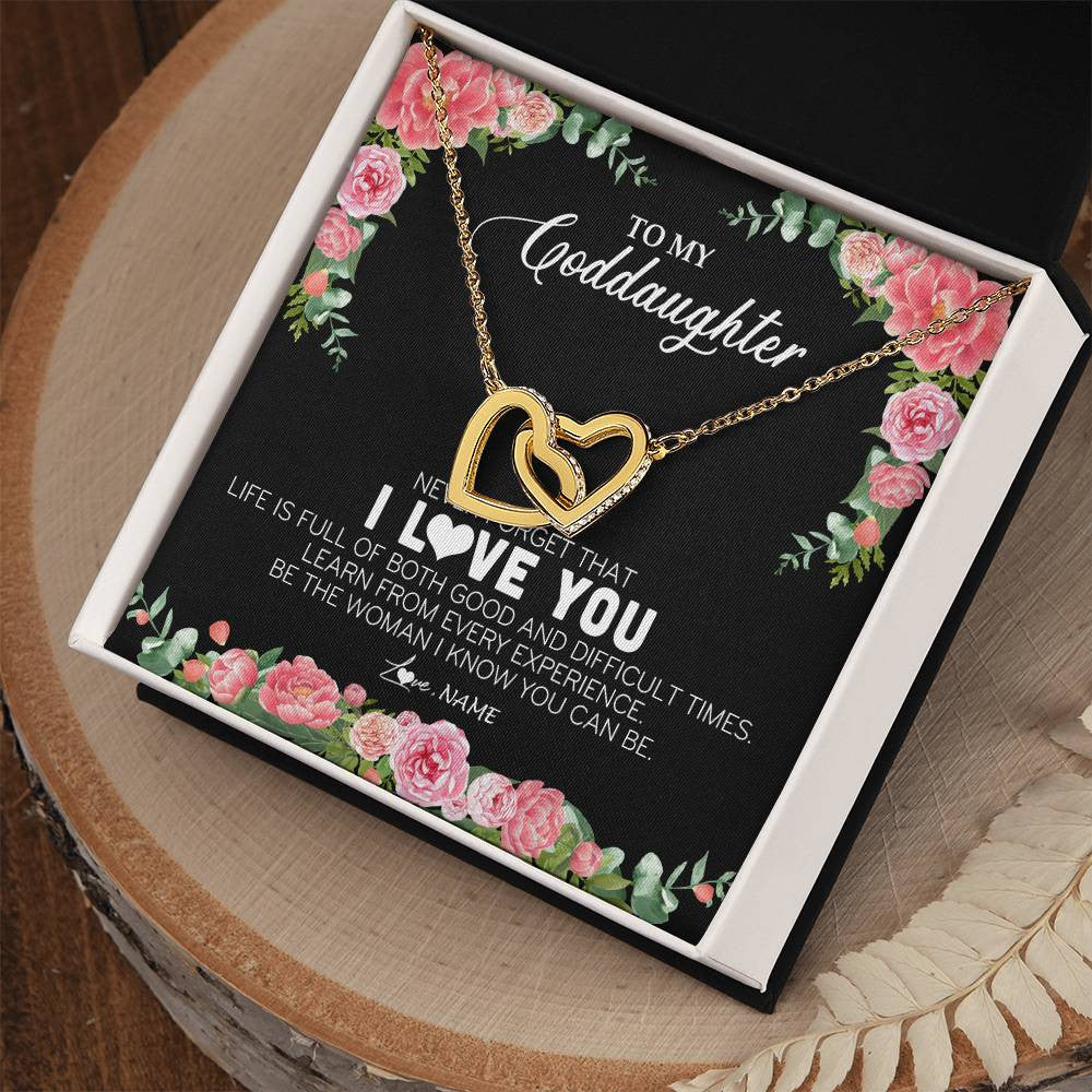 Interlocking Hearts Necklace 18K Yellow Gold Finish | Personalized To My Goddaughter Necklace from Godmother Never Forget I Love You Floral Jewelry for Goddaughter Birthday Graduation Christmas Customized Message Card | siriusteestore