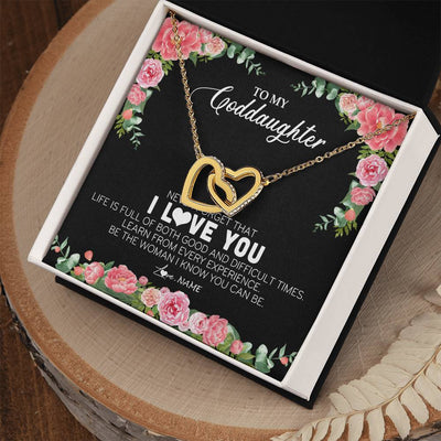 Interlocking Hearts Necklace 18K Yellow Gold Finish | Personalized To My Goddaughter Necklace from Godmother Never Forget I Love You Floral Jewelry for Goddaughter Birthday Graduation Christmas Customized Message Card | siriusteestore