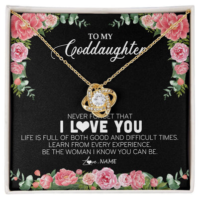 Love Knot Necklace 18K Yellow Gold Finish | Personalized To My Goddaughter Necklace from Godmother Never Forget I Love You Floral Jewelry for Goddaughter Birthday Graduation Christmas Customized Message Card | siriusteestore