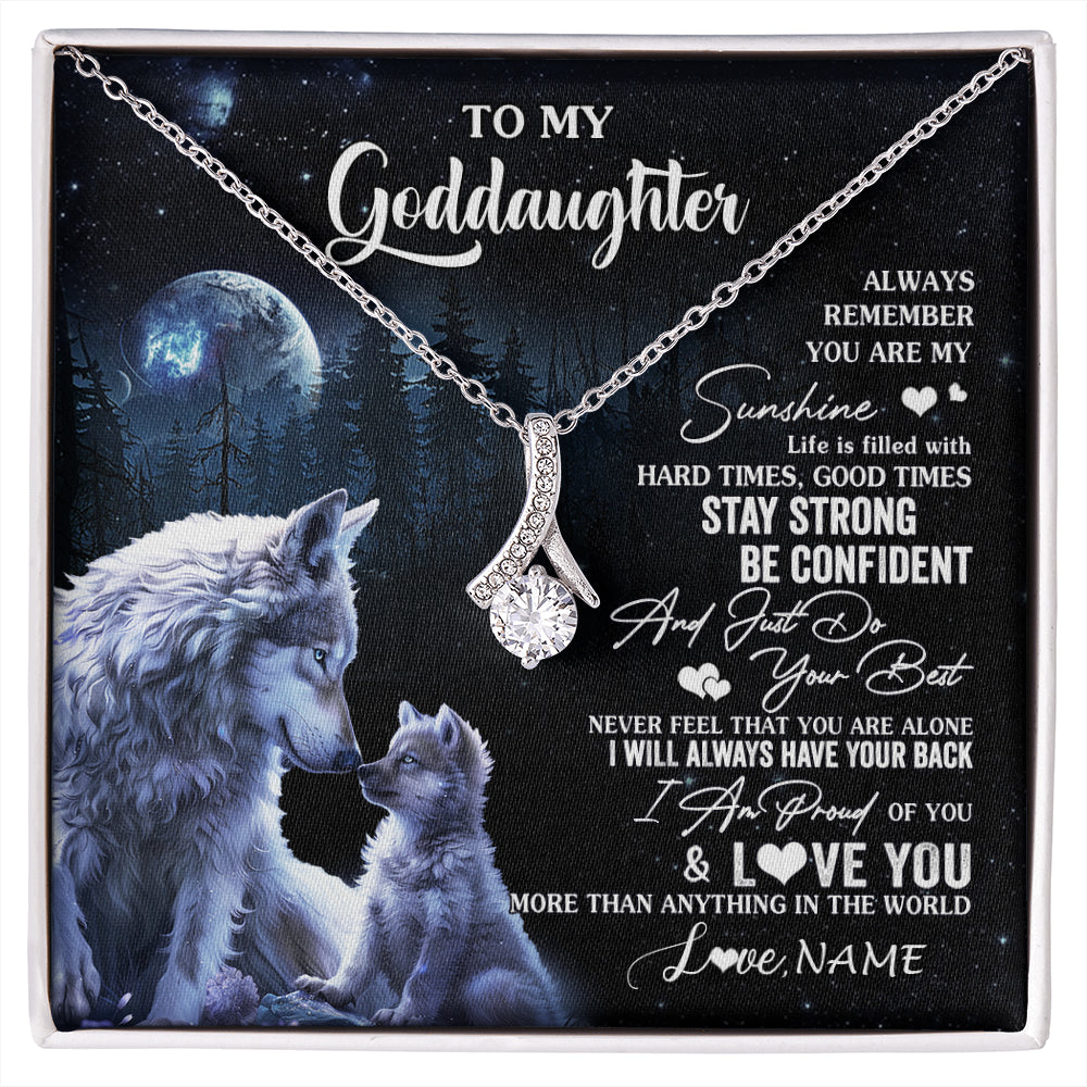 Alluring Beauty Necklace 14K White Gold Finish | 1 | Personalized To My Goddaughter Wolf Necklace From Godmother Aunt Always Remember Godchild Birthday Graduation Christmas Customized Gift Box Message Card | siriusteestore