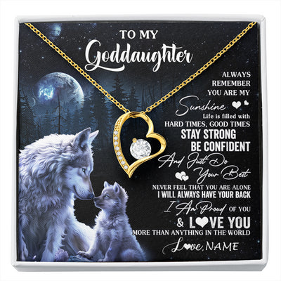 Forever Love Necklace 18K Yellow Gold Finish | 1 | Personalized To My Goddaughter Wolf Necklace From Godmother Aunt Always Remember Godchild Birthday Graduation Christmas Customized Gift Box Message Card | siriusteestore