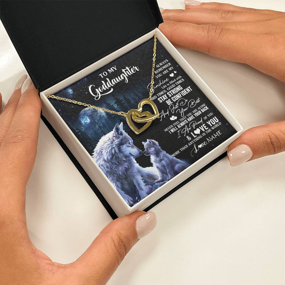Interlocking Hearts Necklace 18K Yellow Gold Finish | 2 | Personalized To My Goddaughter Wolf Necklace From Godmother Aunt Always Remember Godchild Birthday Graduation Christmas Customized Gift Box Message Card | siriusteestore