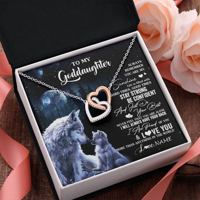 Interlocking Hearts Necklace Stainless Steel & Rose Gold Finish | 2 | Personalized To My Goddaughter Wolf Necklace From Godmother Aunt Always Remember Godchild Birthday Graduation Christmas Customized Gift Box Message Card | siriusteestore