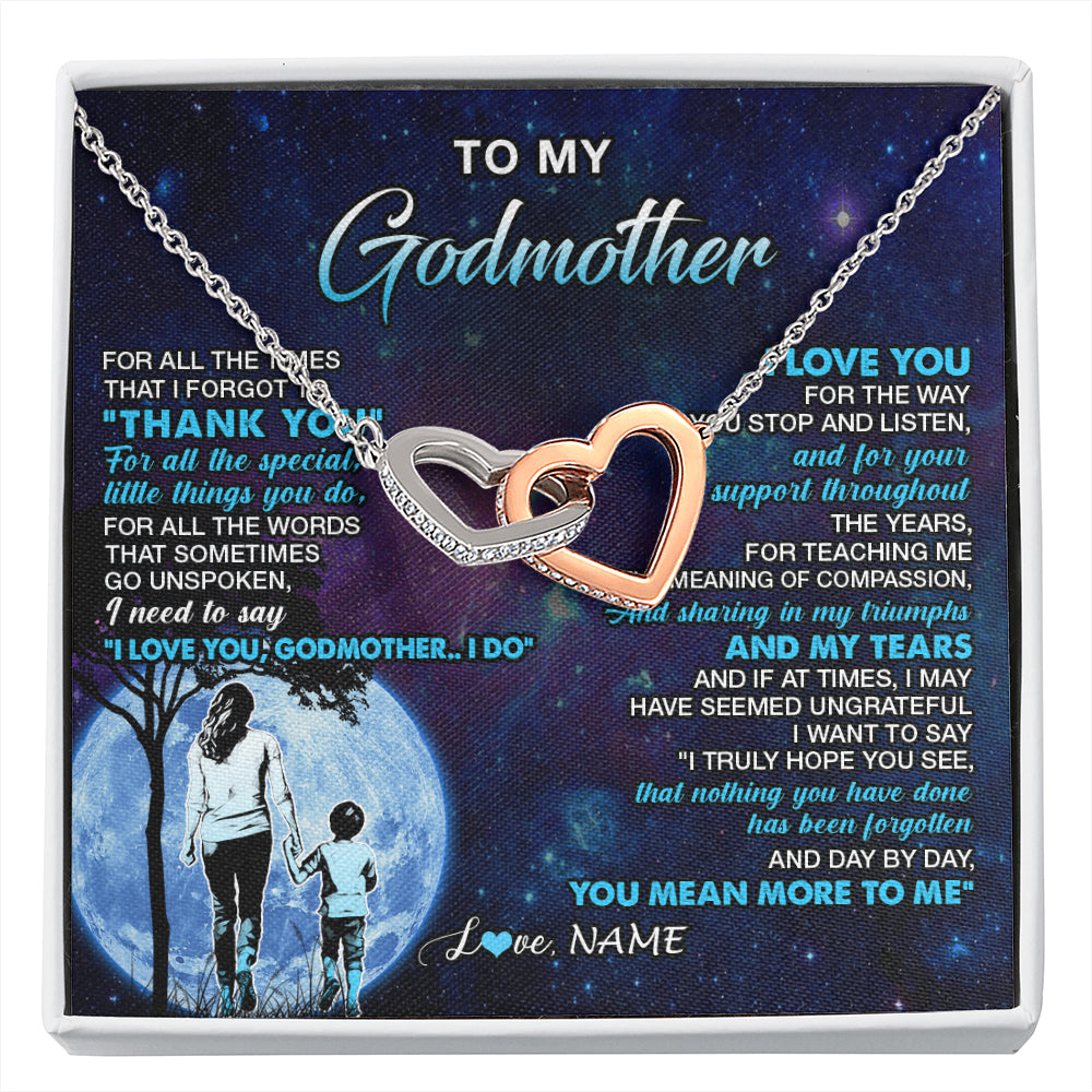 Interlocking Hearts Necklace Stainless Steel & Rose Gold Finish | 1 | Personalized To My Godmother Necklace From Nephew Thank You Day By Day Godmother Birthday Gifts Mothers Day Christmas Customized Gift Box Message Card | siriusteestore