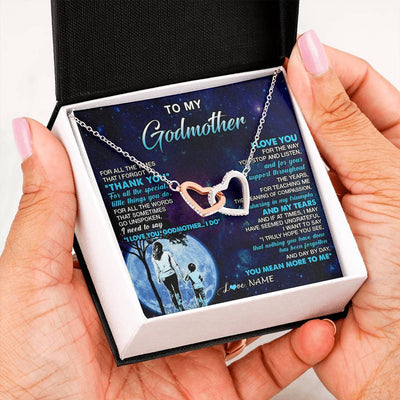 Interlocking Hearts Necklace Stainless Steel & Rose Gold Finish | 2 | Personalized To My Godmother Necklace From Nephew Thank You Day By Day Godmother Birthday Gifts Mothers Day Christmas Customized Gift Box Message Card | siriusteestore