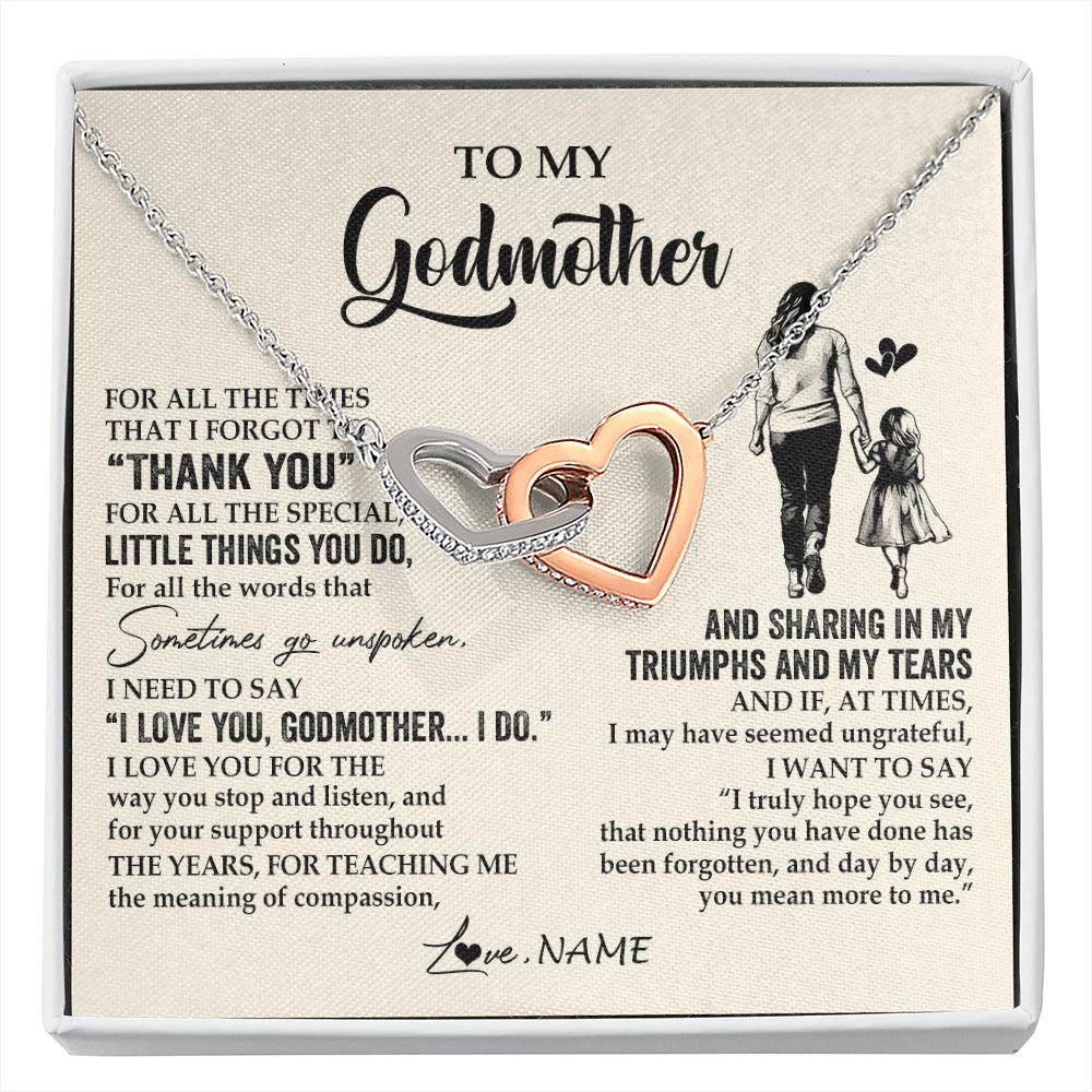 Interlocking Hearts Necklace Stainless Steel & Rose Gold Finish | 1 | Personalized To My Godmother Necklace From Niece For All The Times That I Forgot To Thank You Birthday Mothers Day Christmas Customized Gift Box Message Card | siriusteestore